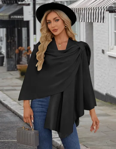 Vista 5 de PULI Suéter tipo poncho para mujer con frente cruzado grande y elegante capa de punto para otoño e invierno, 1-negro