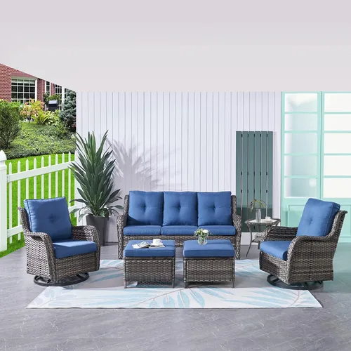 Vista 135 de HUMMUH Juego de 2 Sillas Giratorias Mecedoras de Mimbre para Patio Exterior, Juego de Muebles de Sillas Mecedoras de Ratán (Marrón, Azul) 50,000