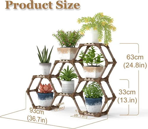 Vista 5 de Tikea Soporte para Plantas de Interior y Exterior Soporte Hexagonal de Esquina para Plantas Suculentas Plantas Pequeñas Estante de Madera