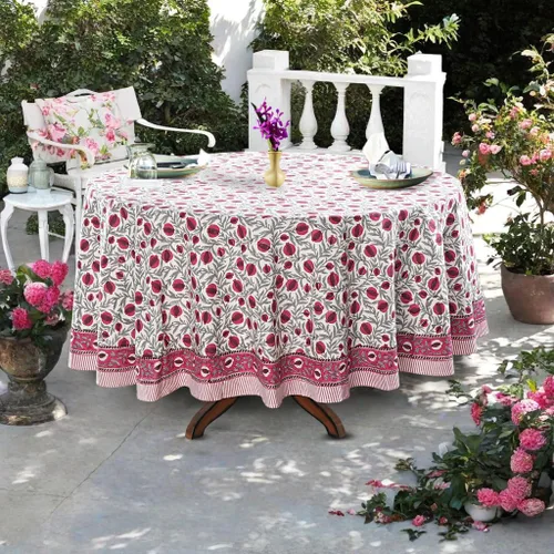 Vista 129 de Ridhi Mantel redondo estampado a mano color rosa flamenco 110 pulgadas 100%