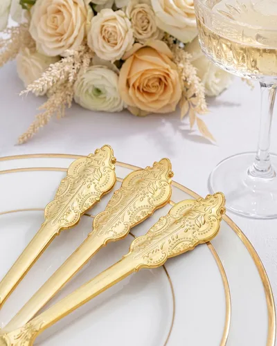 Vista 7 de BUCLA 200 Piezas Cubiertos de Plástico Dorado – Tenedores y Cucharas de Plástico Dorado Estilo Barroco – 100 Tenedores y 100 Cucharas para Bodas Oro