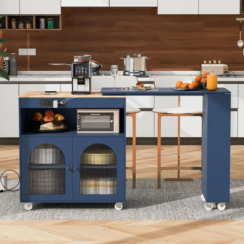 Vista 10 de Carrito móvil de isla de cocina de 52.7 pulgadas con organizadores y almacenamiento superior de madera maciza y ruedas de bloqueo, armario
