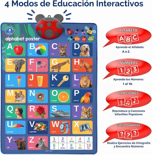 Vista 3 de LEARNING BUGS Póster interactivo de ABC y 123s Talking y gráfico musical de pared, juguete educativo para niños pequeños