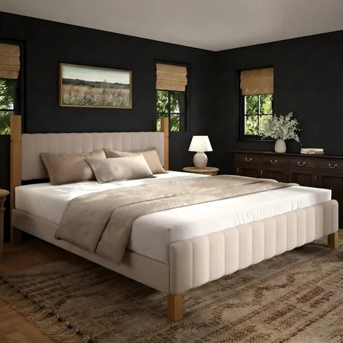 Vista 9 de Yechen Marco de cama de madera de tamaño matrimonial con cabecero, postes de madera maciza y plataforma de pies, no necesita somier, lino beige