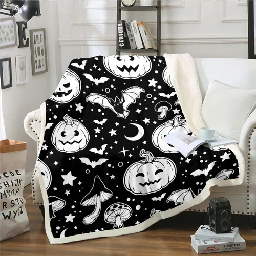 Vista 21 de Erosebridal Manta gótica de murciélagos de Halloween, manta de forro polar blanco y negro de 40 x 50 pulgadas, silueta vintage para niños, sombras