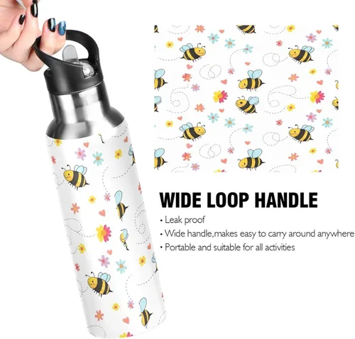 Vista 4 de Lindas abejas de dibujos animados de acero inoxidable blanco aislado al vacío botella de agua de 32 onzas, sin BPA, botella de agua deportiva a