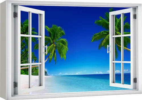 Vista 7 de wall26 Lienzo impreso para pared, vista de ventana a barco y playa tropical, isla de naturaleza, desierto, fotografía, realismo, paisaje rústico