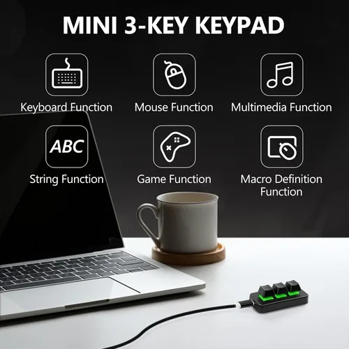 Vista 3 de EHOLY Teclado mecánico USB para juegos de 3 teclas, mini teclado personalizable macro programable, teclado OSU, combo de control de una tecla