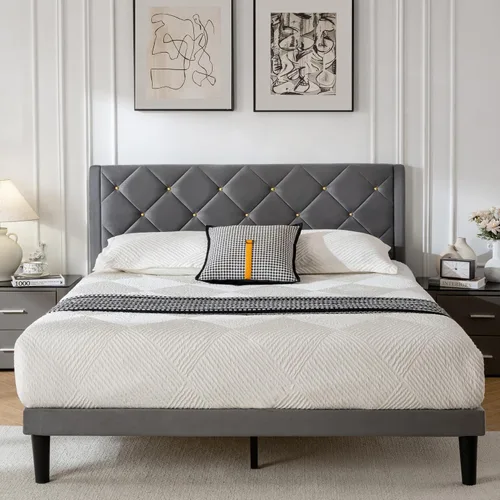 Vista 9 de Base de cama de plataforma de tamaño matrimonial con cabecera de terciopelo, soporte de listones de madera resistente, base de colchón, no requiere