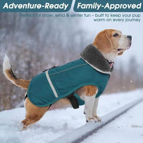 Vista 6 de QBLEEV Abrigo cálido para perro, chaqueta de invierno reflectante, impermeable, resistente al viento, ropa de cuello alto para perro para clima