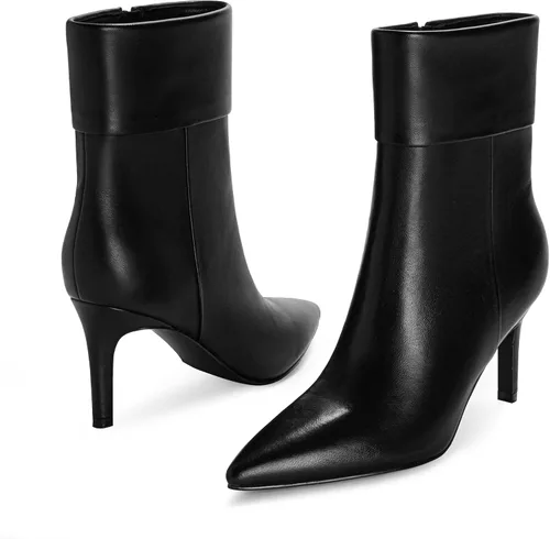 Vista 4 de Modatope Botas de cuero para mujer, con punta puntiaguda, tacón alto, botines plegables para mujer