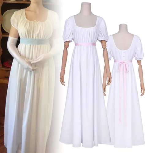 Vista 8 de HEQU - Vestidos de la época de la Regencia para mujeres, con satén, faja fruncida, vestido imperio, vestido de cintura