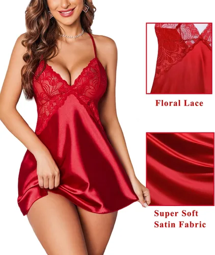 Vista 2 de Avidlove Lencería para mujer, cuello en V, camisón corto de satén con encaje para dormir