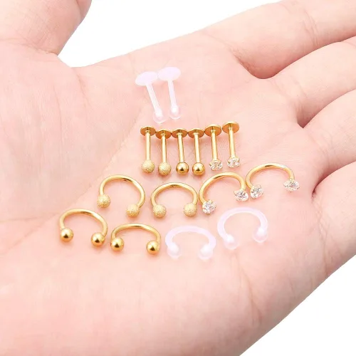 Vista 3 de Dyknasz Anillos de acero quirúrgico para labios, diamantes transparentes, circonita cúbica, labret, tragus, herradura, hélice, joyería corporal