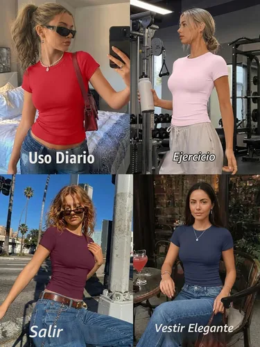 Vista 7 de Trendy Queen - Camisetas básicas para mujer, camisetas de verano, manga corta, ajustadas, linda ropa de entrenamiento para gimnasio Blanco