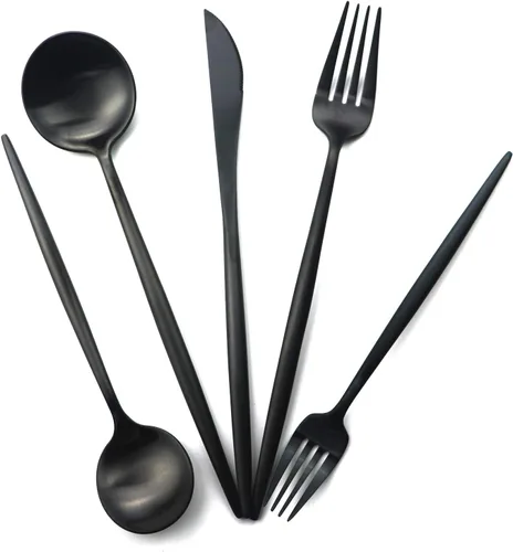 Vista 4 de Juego de cubiertos de acero inoxidable 18/10 con mango negro mate de 6 piezas, juego de cubiertos negros, juego de utensilios para el hogar