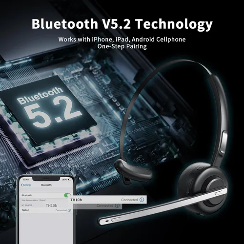 Vista 4 de Auriculares Bluetooth, V5.2 Trucker Wireless Headset con cancelación de ruido micrófono y base de carga para iPhone Samsung teléfono celular