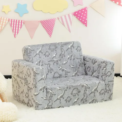 Vista 2 de ALIMORDEN 2 en 1 Sofá Convertible para Niños con Funda Sherpa, Sofá Convertible a Tumbona, Brilla en la Oscuridad, Dinosaurios