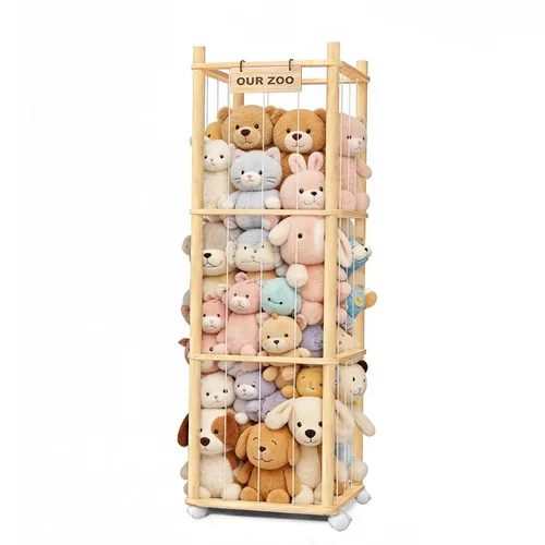 Vista 9 de Almacenamiento de animales de peluche para niños, almacenamiento de zoológico de animales de peluche de madera con ruedas de freno, organizador
