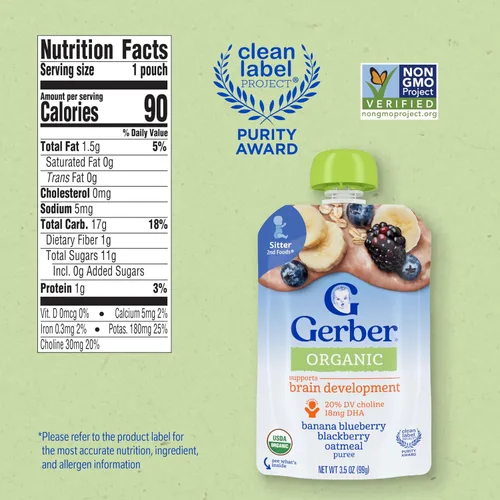 Vista 2 de Bolsas de comida orgánica para bebé Gerber, 2do alimento para bebé, WonderFoods, avena con plátano, arándano y mora, 3.5 onzas (paquete de 12)