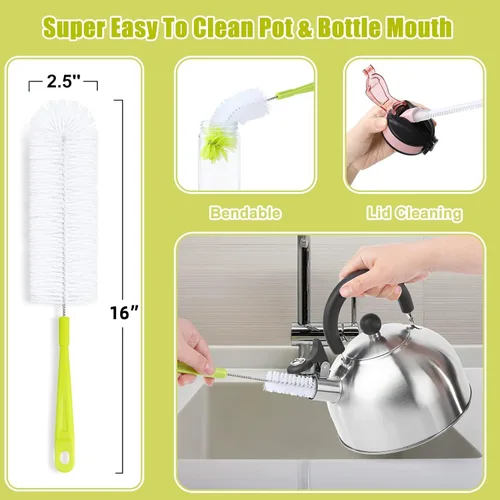 Vista 3 de Juego de cepillos de limpieza de botellas, limpiador de botellas de mango largo para lavar botellas de cerveza de cuello estrecho, botellas de agua