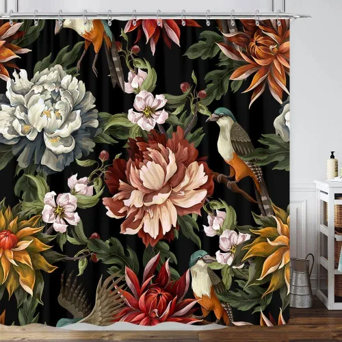 Vista 31 de Cortina de ducha de mariposa floral negra y dorada, cortina de ducha bohemia con diseño botánico de flores oscuras para baño con gancho, juego