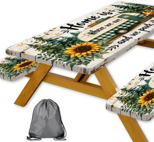 Vista 44 de Funda para Mesa de Picnic con Fundas para Bancos y Bolsa, Campista de Madera Impermeable Resistente al Viento, Cubierta de Mantel Ajustada con Borde