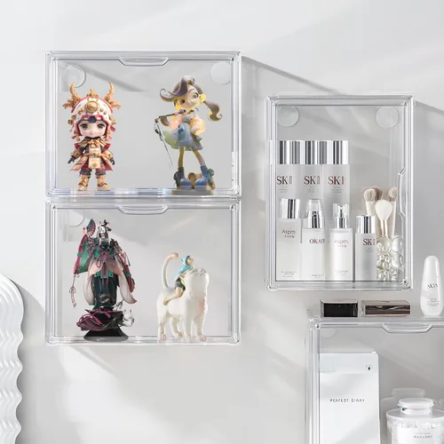 Vista 7 de Vitrina acrílica para figuras, organizador de almacenamiento transparente de 3 niveles montado en la pared, caja de exhibición con puerta magnética