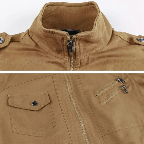 Vista 4 de HIJEWE Men Military Jacket Casual Cotton Utility Coat Spring Falls Durable Army Cargo Bomber Stand Collar Multi-Pocket Jacket