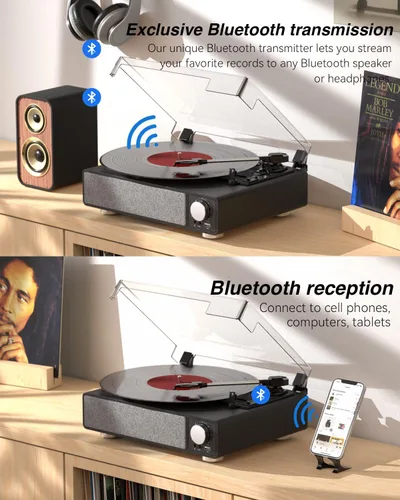 Vista 2 de MONODEAL - Tocadiscos de vinilo con altavoces, tocadiscos de 3 velocidades para discos de vinilo con transmisor Bluetooth, parada automática, salida