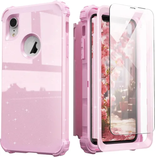 Vista 31 de IDweel Funda para iPhone XR, funda para iPhone XR con protector de pantalla de vidrio templado, 3 en 1, a prueba de golpes, delgada, híbrida, Negro