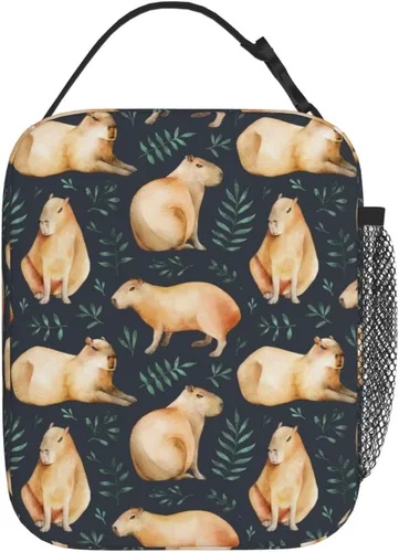 Vista 3 de Capybara - Lonchera con diseño de hojas para niños y niñas, lonchera reutilizable con bolsillo lateral, lonchera para niñas y adolescentes, bolsa