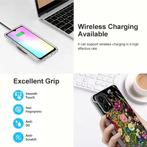 Vista 4 de Funda transparente para Motorola Moto G Stylus 5G 2023 con patrón de flores silvestres para mujeres y hombres, doble capa híbrida de poliuretano