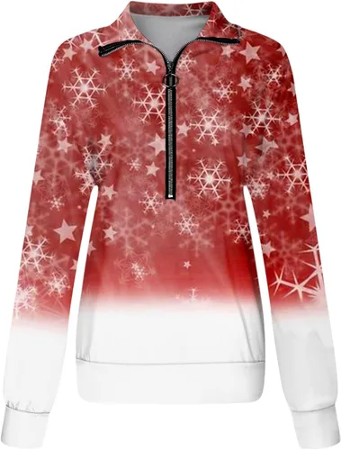 Vista 3 de Camisetas de entrenamiento para mujer, de manga larga, cuello en V, con cremallera de un cuarto, estampado de suéter de moda