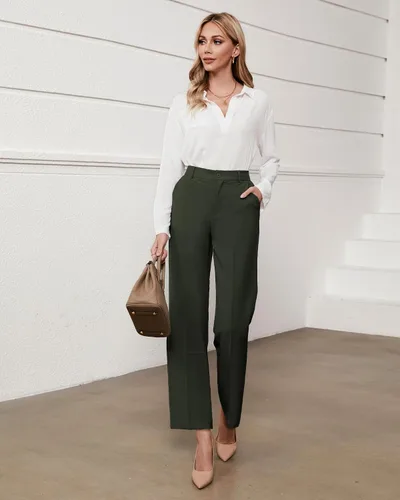 Vista 5 de GRAPENT Pantalones para mujer de trabajo de cintura alta, pantalones de vestir casuales de negocios, ajuste relajado, pierna recta, cintura elástica