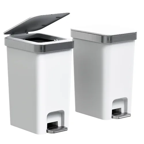 Vista 8 de Cubo de basura pequeño para baño con tapa de cierre suave, cubo de basura delgado de 10 litros/2.6 galones, escalón de metal y tapa superior