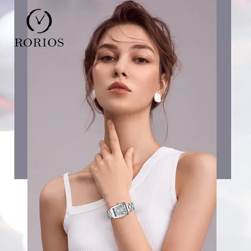 Vista 2 de RORIOS Reloj analógico de cuarzo para mujer, con correa de acero inoxidable, impermeable, retro, cuadrado, reloj elegante para mujer