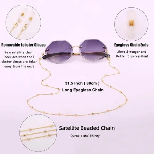 Vista 6 de PEARLADA - Cadena para gafas de sol de 18K oro con cuentas, correa para gafas de lectura, collar retenedor de gafas, cadena de cuerda de cuentas