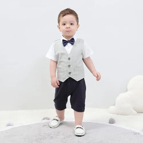 Vista 3 de HOSUKKO - Traje de bebé para caballero, mamelucos + boina + corbatín (0-24 meses)