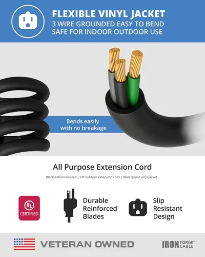 Vista 8 de Iron Forge Cable Cable de extensión negro de 6 pies con 3 tomas de corriente, SJTW de 16/3, cable de extensión de 6 pies, 3 clavijas, resistente a