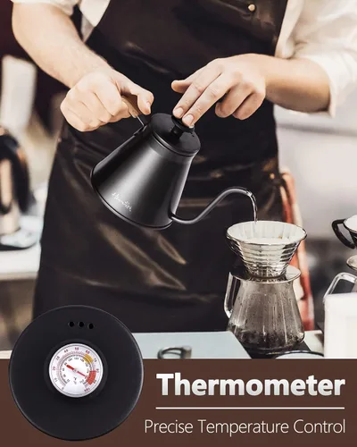 Vista 2 de Harriet Hervidor de cuello de cisne con termómetro para verter sobre café y té, 37 onzas líquidas, acero inoxidable, base duradera de 3 capas