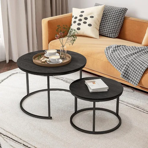 Vista 9 de HOJINLINERO Juego de mesa de café redonda industrial conjunto de 2 mesas auxiliares para sala de estar, mesas laterales apilables, resistentes