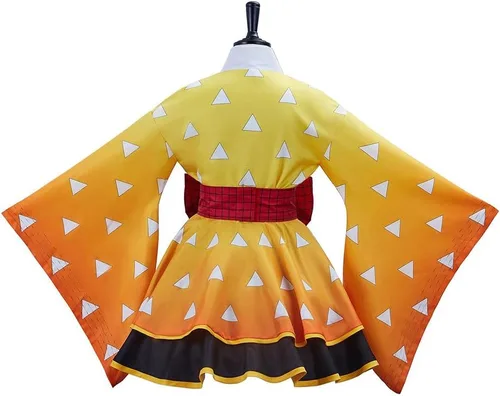 Vista 5 de BYHai Anime Demon Slayer Agatsuma Zenitsu Kimono Cosplay Disfraz japonés Lolita Kimono Vestido de criada Traje Adulto