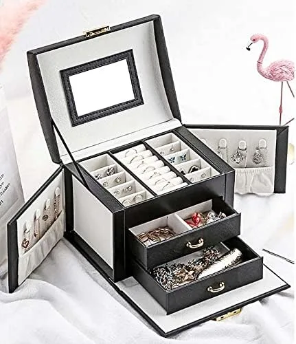 Vista 3 de Joyeros para mujer, joyero organizador de joyas, joyero con cerradura con espejo, estuche de viaje portátil, organizador de anillos de aretes