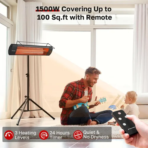 Vista 4 de ThermoMate Calentador Infrarrojo de Patio para Exteriores con Trípode, Eléctrico 1500W IP65 Impermeable con Control Remoto, 3 Niveles de Calefacción