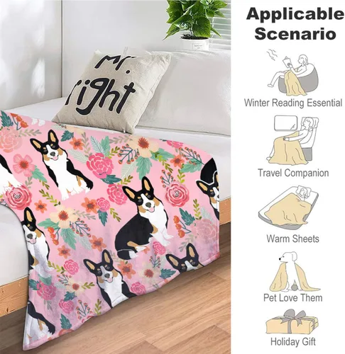Vista 6 de Manta de Corgi regalos para las amantes de Corgi para mujeres, lindas flores corgis, manta de franela de forro polar, suave y cálida manta rosa