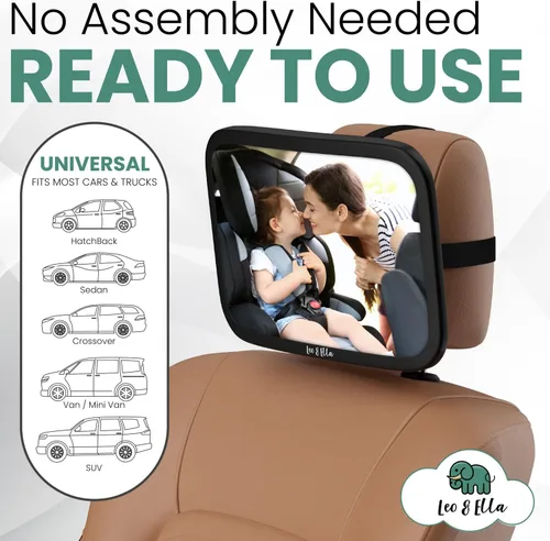 Vista 8 de Leo&Ella Espejo de coche para bebé, tamaño mediano, con montaje ajustable de 360°, visión infantil ultra transparente, inastillable, montaje