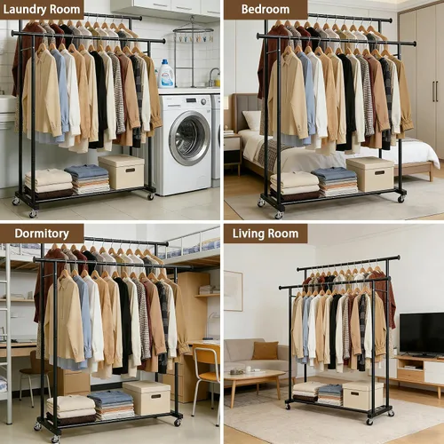 Vista 7 de Perchero de doble barra para colgar ropa, portátil, con ruedas, perchero de metal resistente con estantes dobles para dormitorio, lavandería, sala