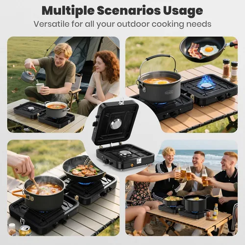 Vista 7 de Estufa de propano para camping, 2 quemadores de 20000 BTU, estufa de propano plegable portátil con bolsa de transporte, quemadores de alto calor