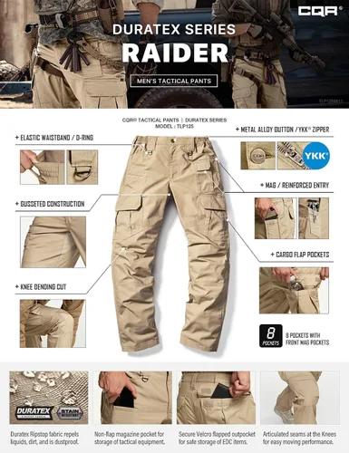 Vista 8 de CQR - Pantalones tácticos tipo cargo para hombre, tejido ripstop, resistentes al agua, ligeros, para uso diario, trabajo, senderismo o exteriores